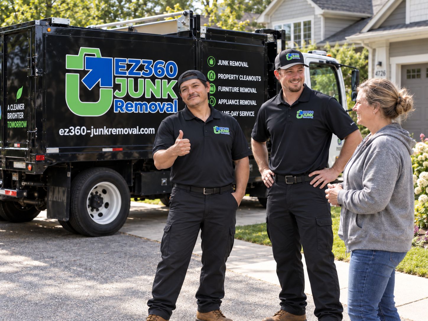 Illustration: an EZ 360 crew member and a customer beside a branded truck