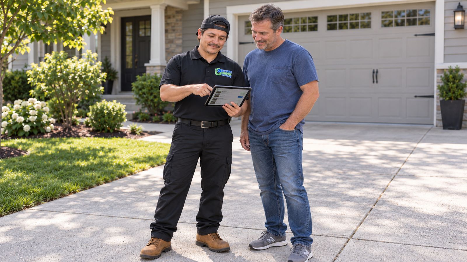 Illustration: an EZ 360 crew member showing a customer a tablet in a driveway