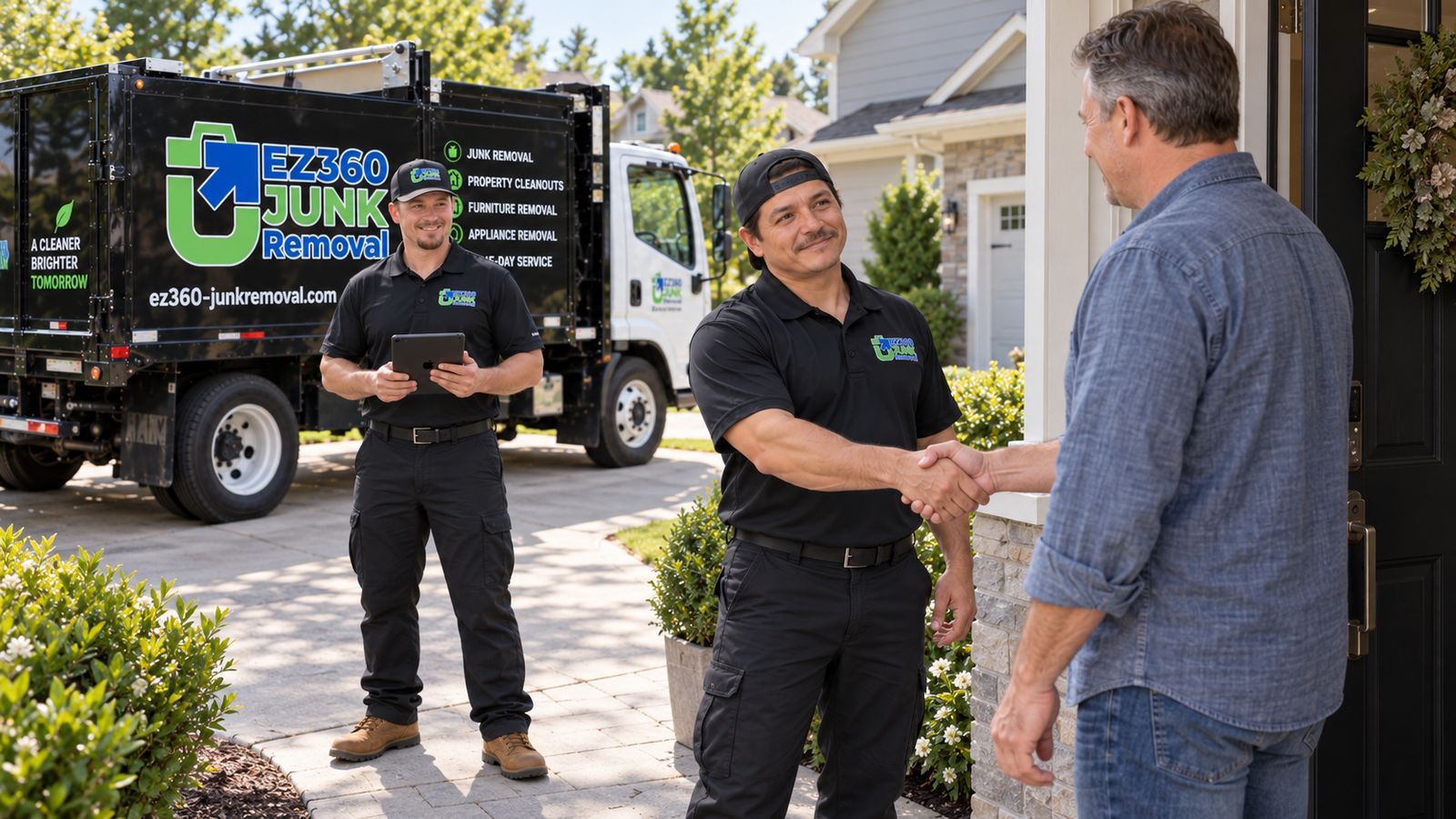 Illustration: an EZ 360 crew member shaking hands with a customer beside a branded truck