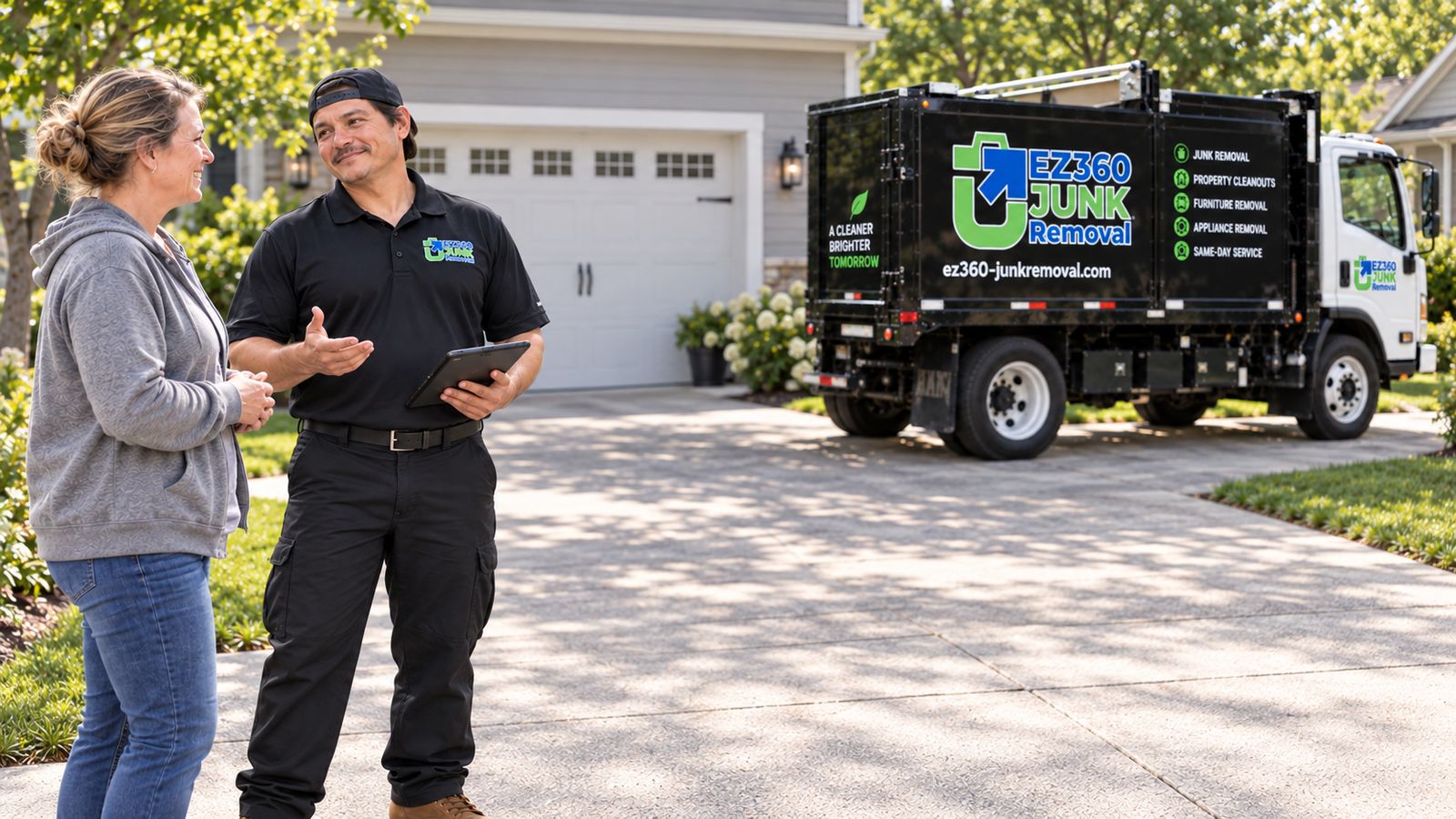 Illustration: an EZ 360 crew member showing a customer a price on a tablet in a Madison driveway, next to a branded truck