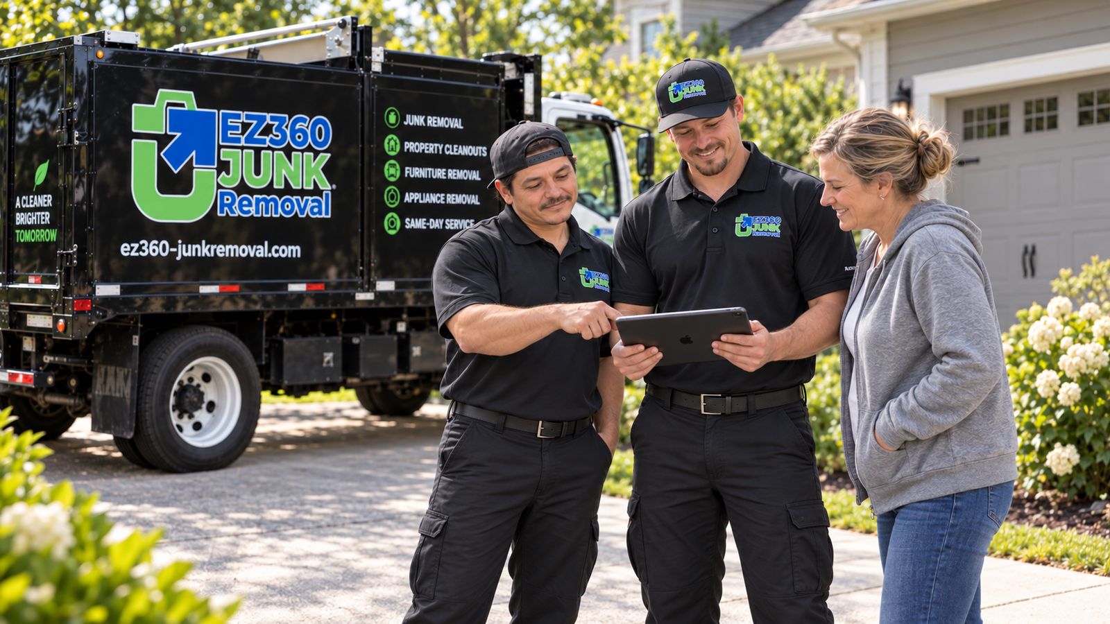 Illustration: two EZ 360 crew members and a customer beside a branded truck