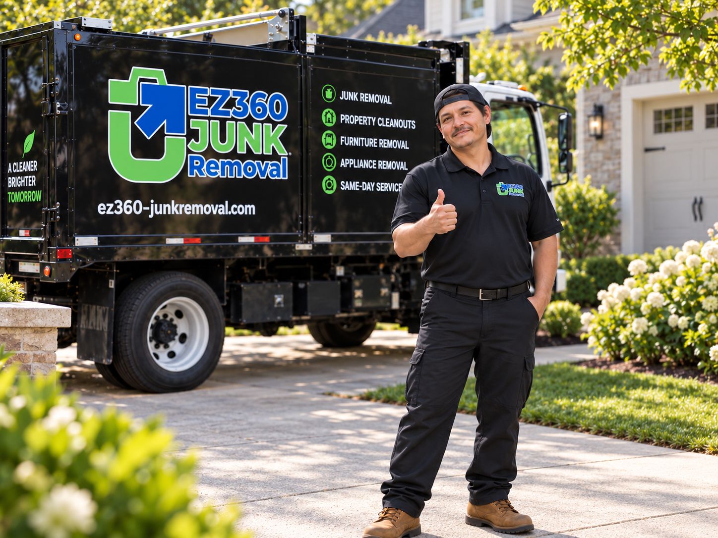 Illustration: an EZ 360 crew member giving a thumbs up beside a branded truck