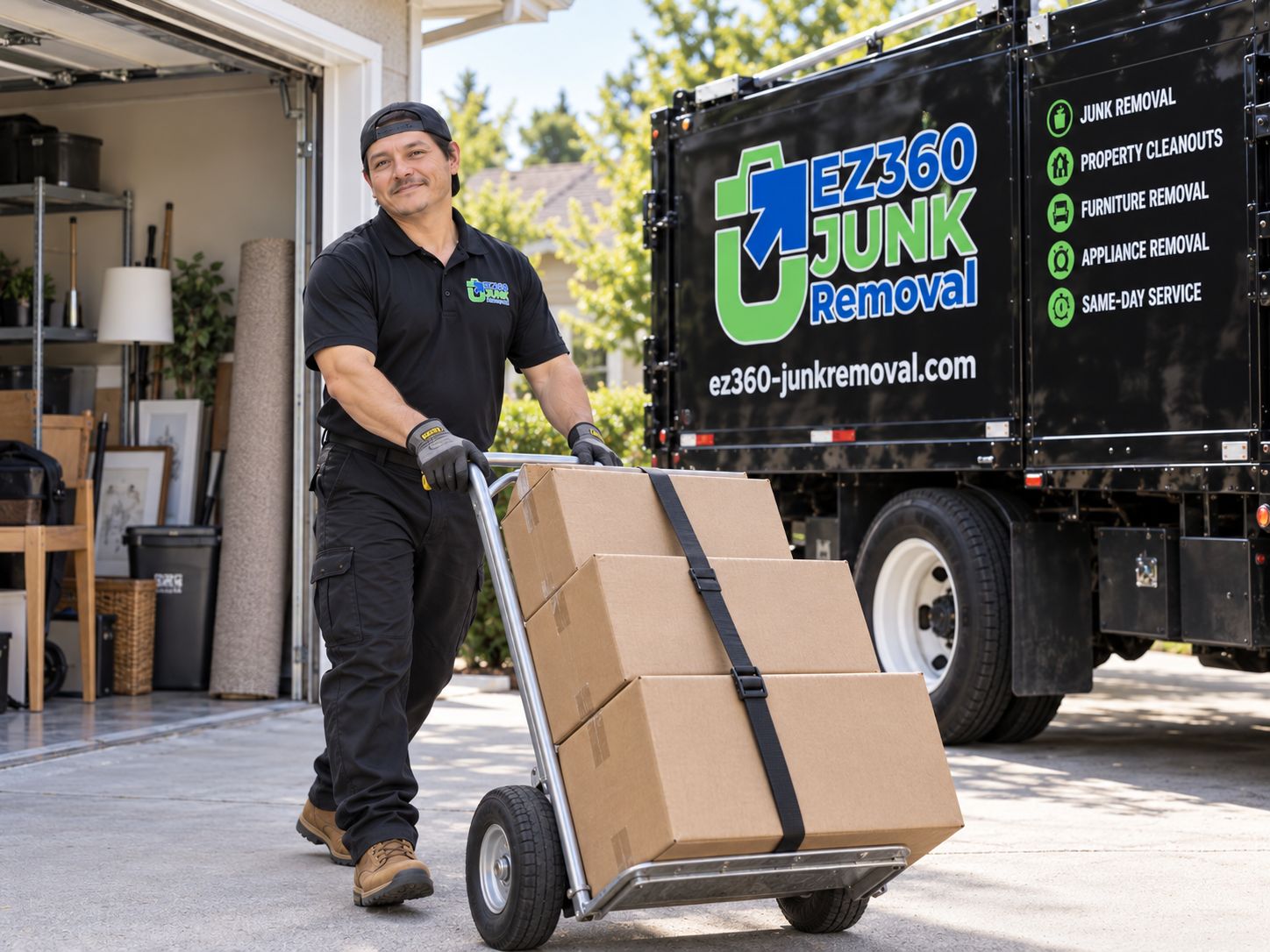 Illustration: an EZ 360 crew member wheeling boxes on a hand truck in front of a garage and a branded truck