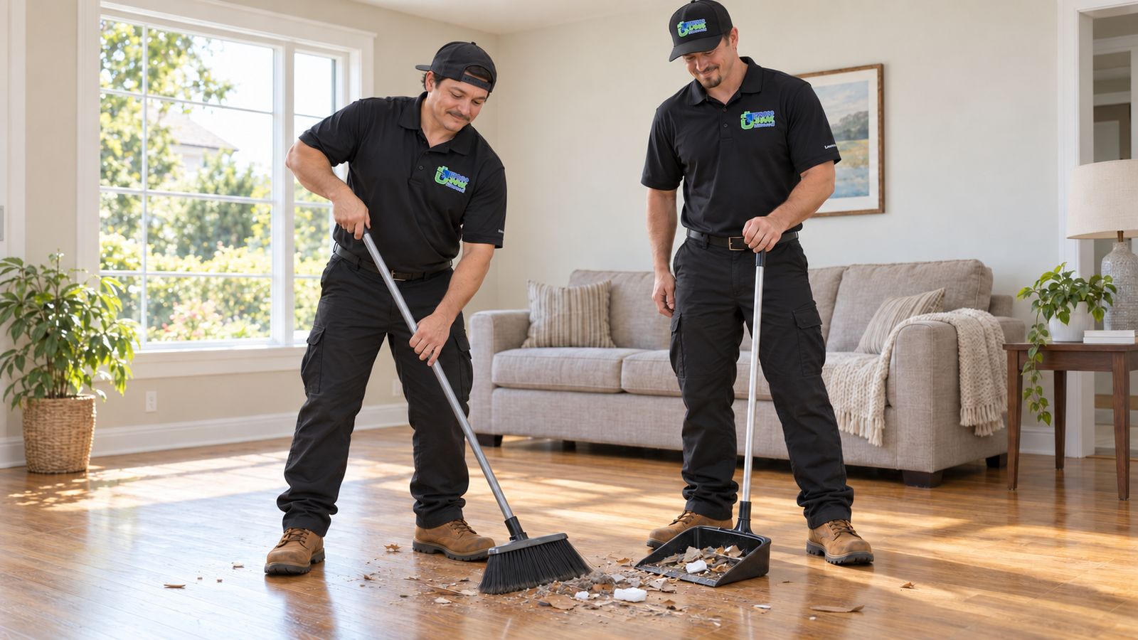 Illustration: two EZ 360 crew members sweeping a living room floor